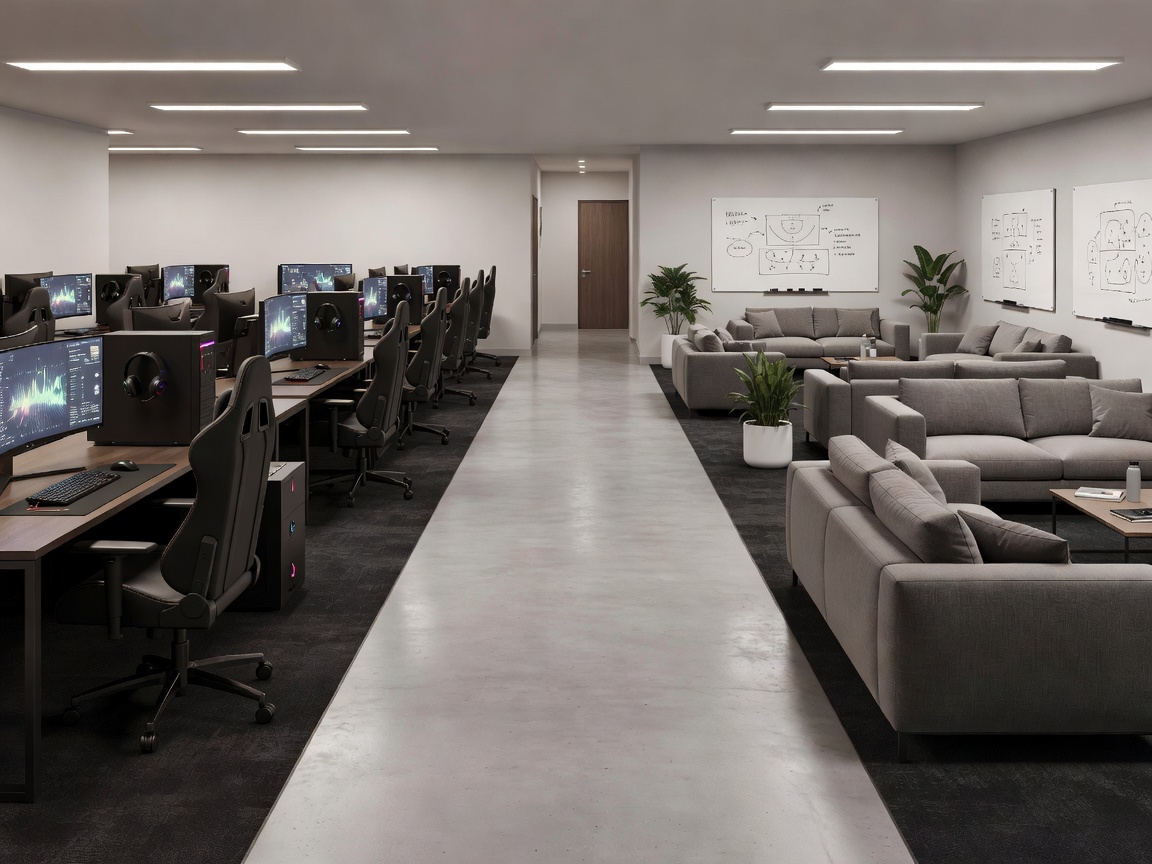 Softly lit 3D render showing a clear route between esports practice and team support zones