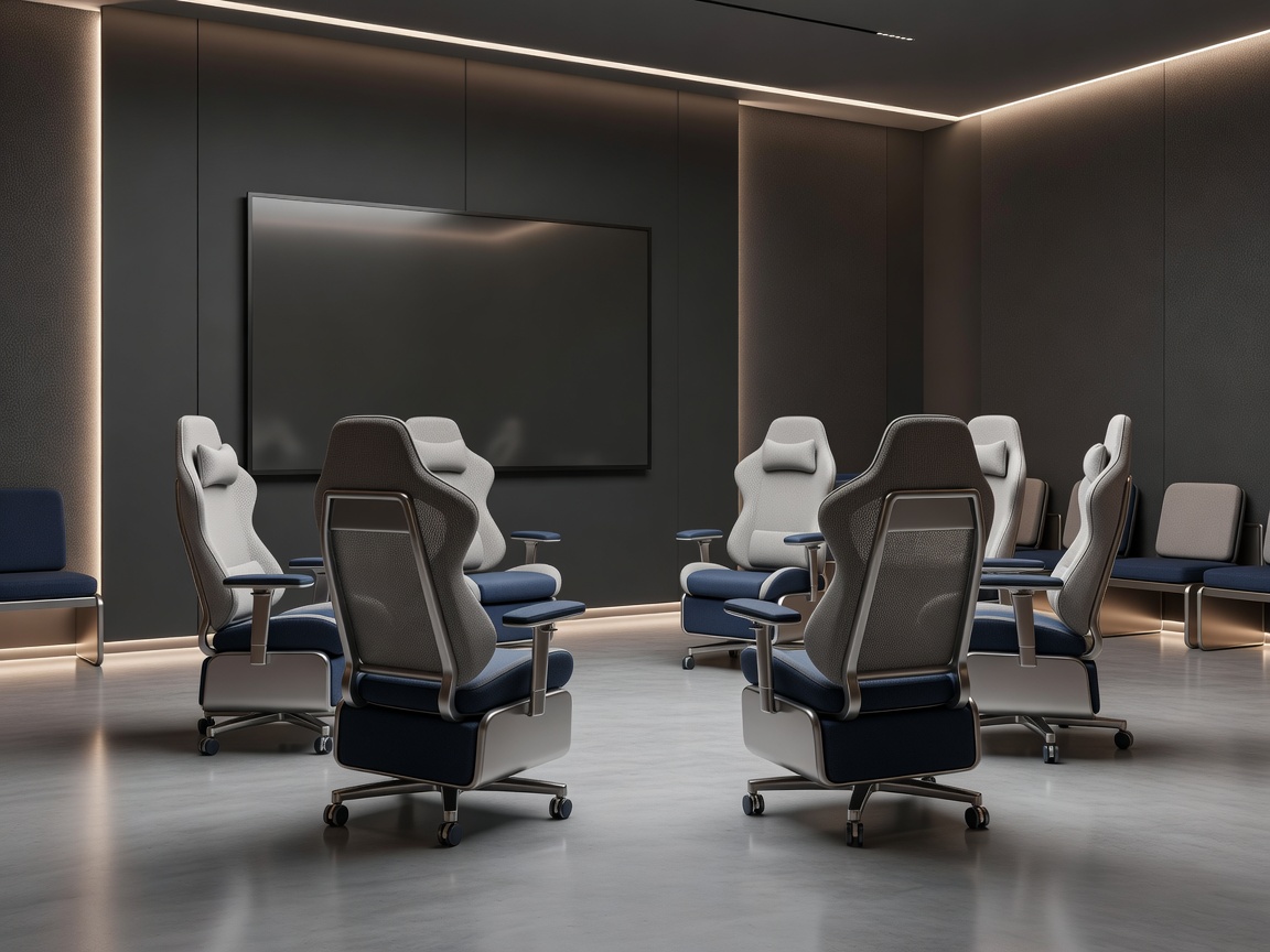 Soft-lit 3D render of an esports collaboration room with a central screen and flexible seating