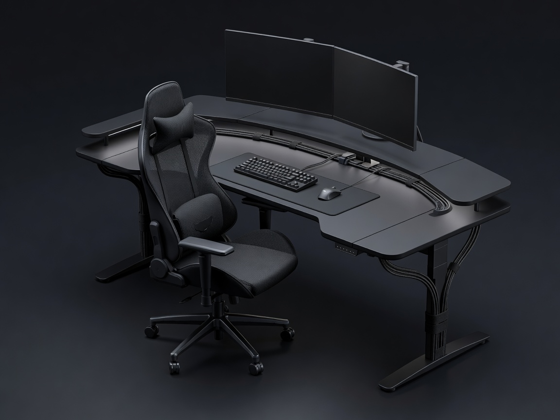 Softly illuminated 3D render of a carefully organized esports desk, chair and cable route