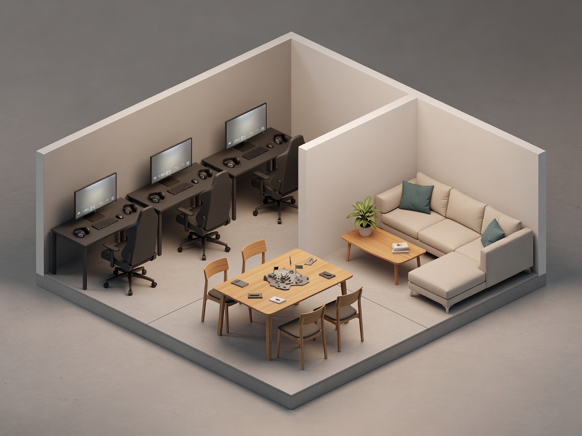 Soft-lit 3D render of a simple esports facility model with practice, discussion and rest zones