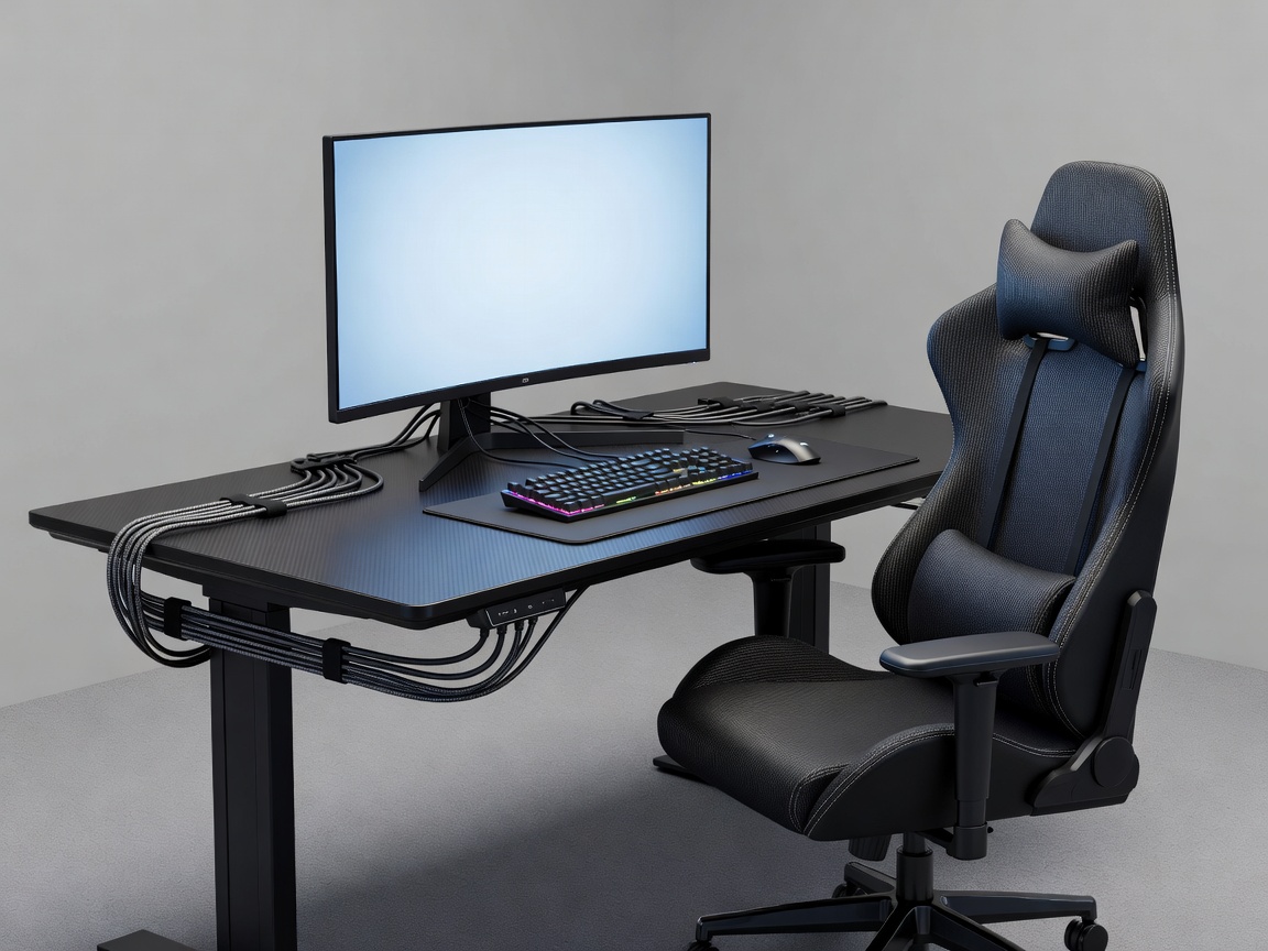 Softly lit 3D render of an esports player station with desk, chair, monitor and organized cabling