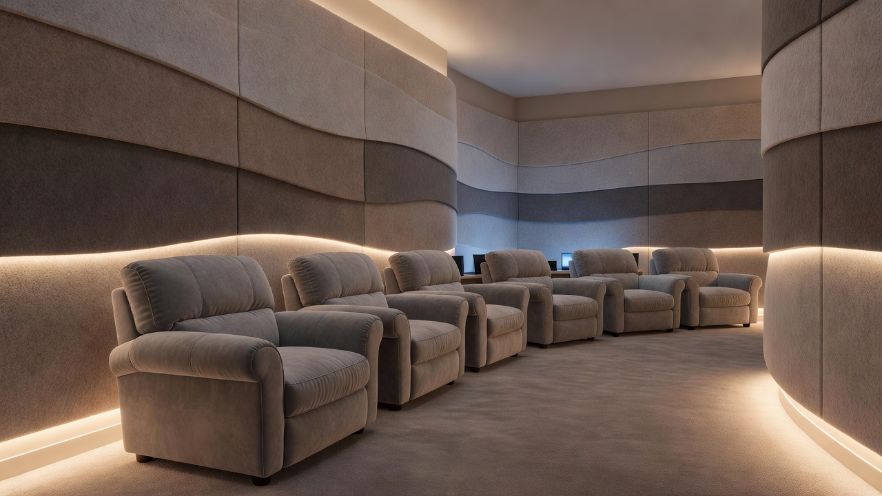 Softly lit recovery seating beside acoustic wall panels, arranged away from gaming screens