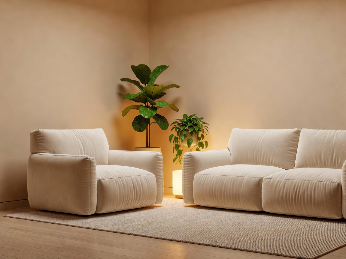 Softly lit 3D render of a quiet recovery corner with lounge seating, warm light and plants