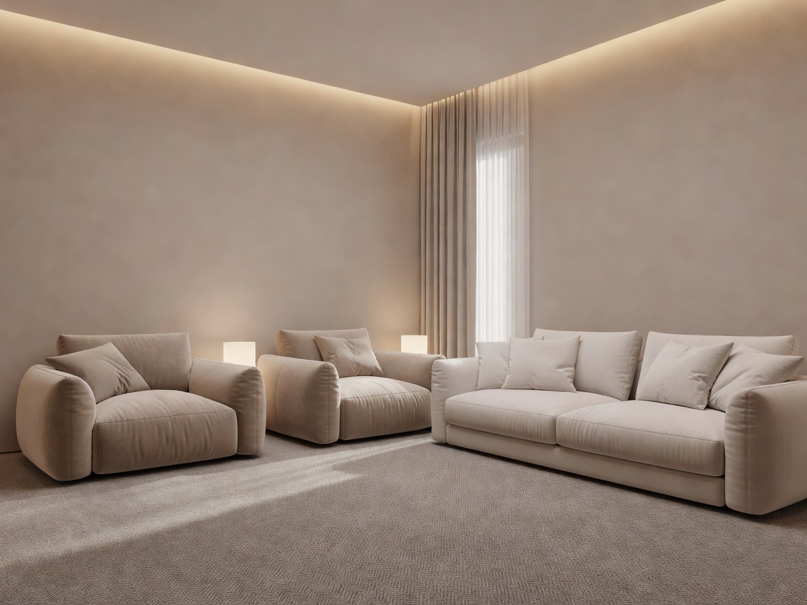 Softly lit 3D render of a calm recovery lounge with comfortable seating and warm indirect light