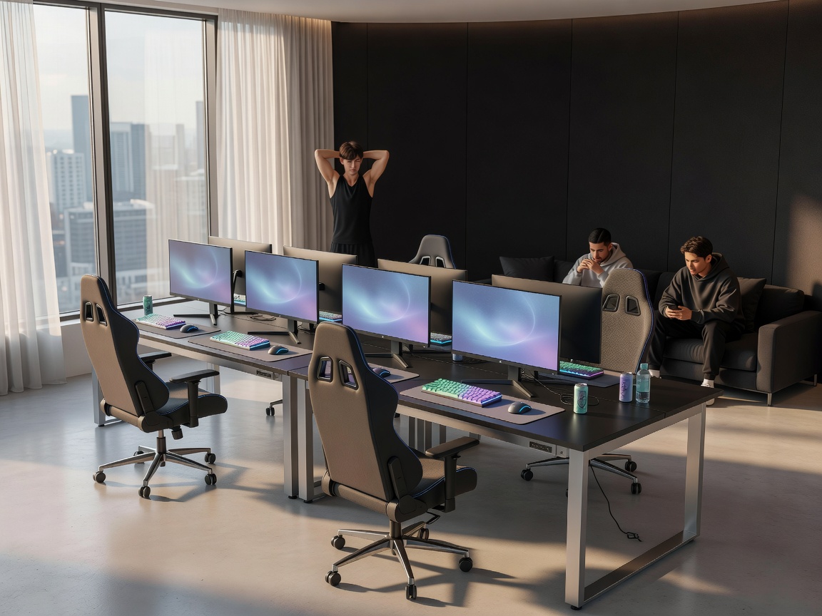 Softly lit 3D render of an esports practice room arranged for a calm team-day routine
