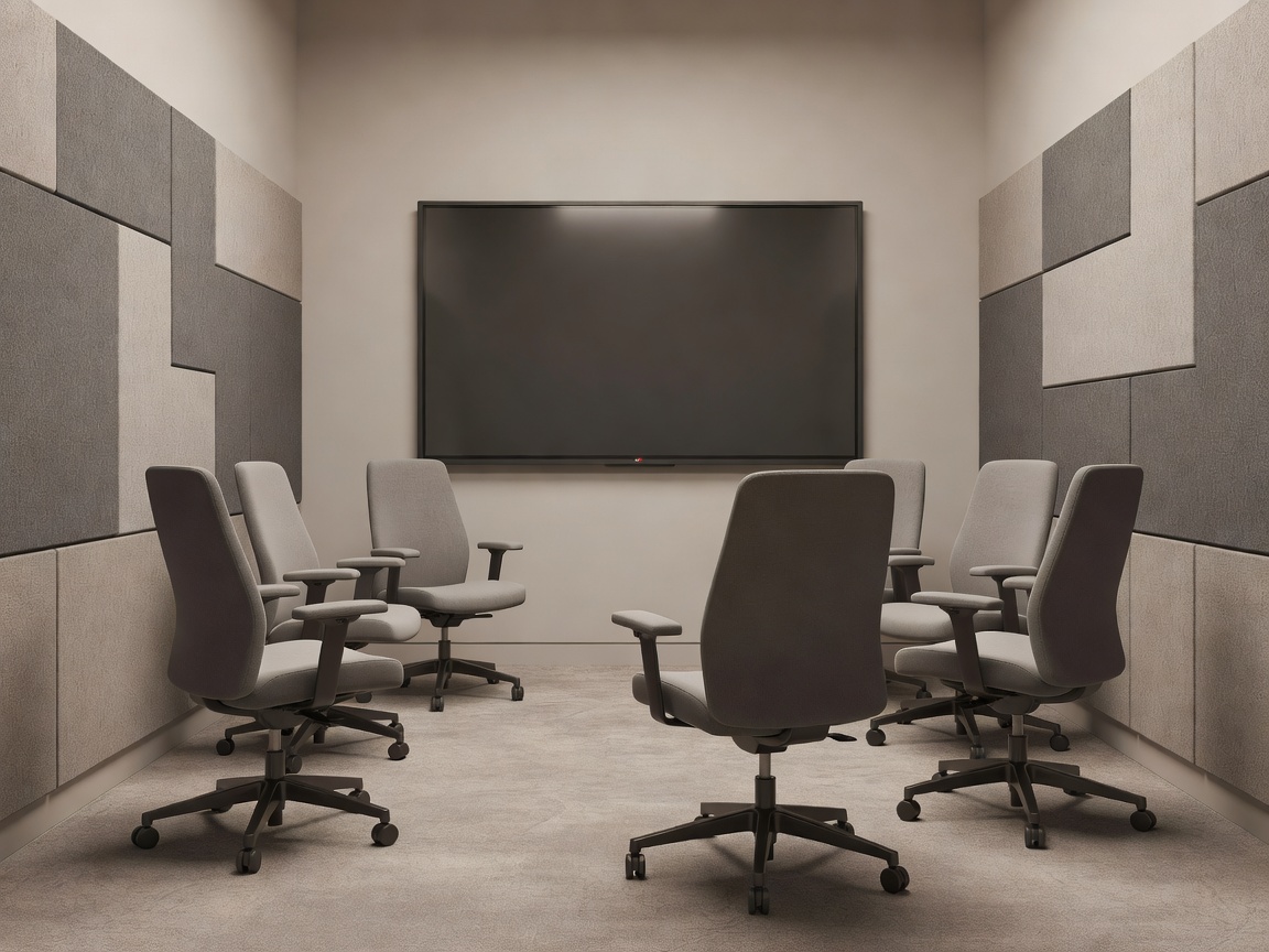 Soft-lit 3D render of a team review room with shared display, chairs and acoustic panels